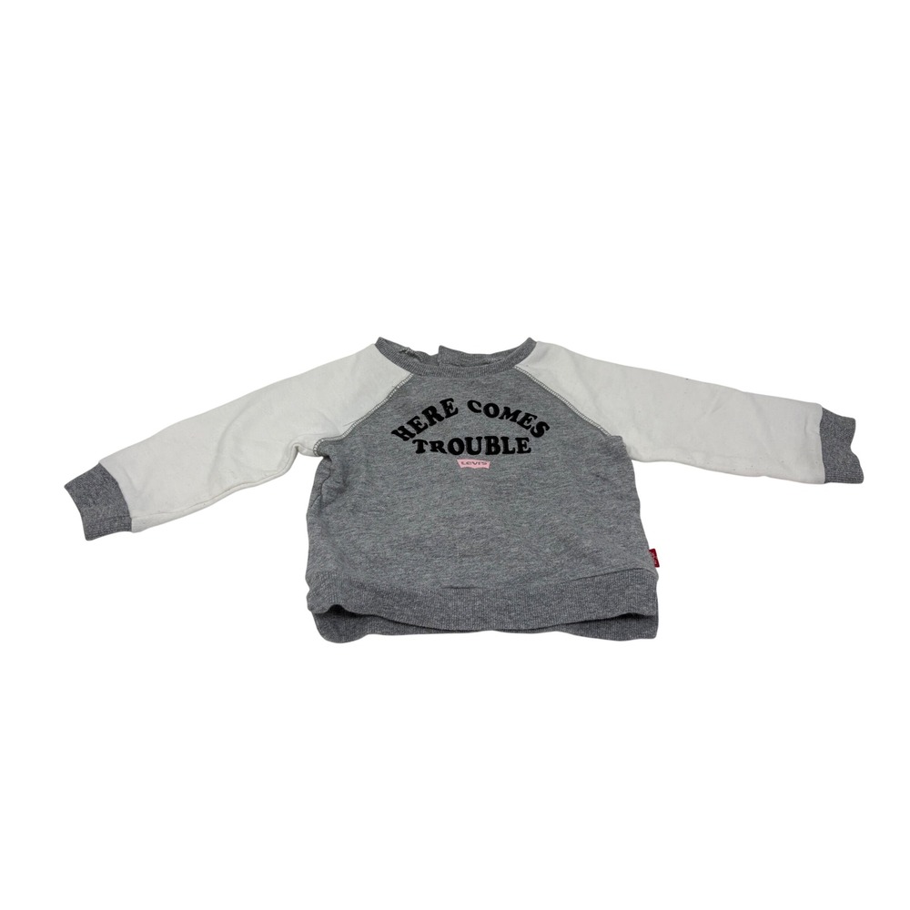 Levis Baby Sweatshirt 6-9M Gray White Raglan Here Comes Trouble Graphic Pullover